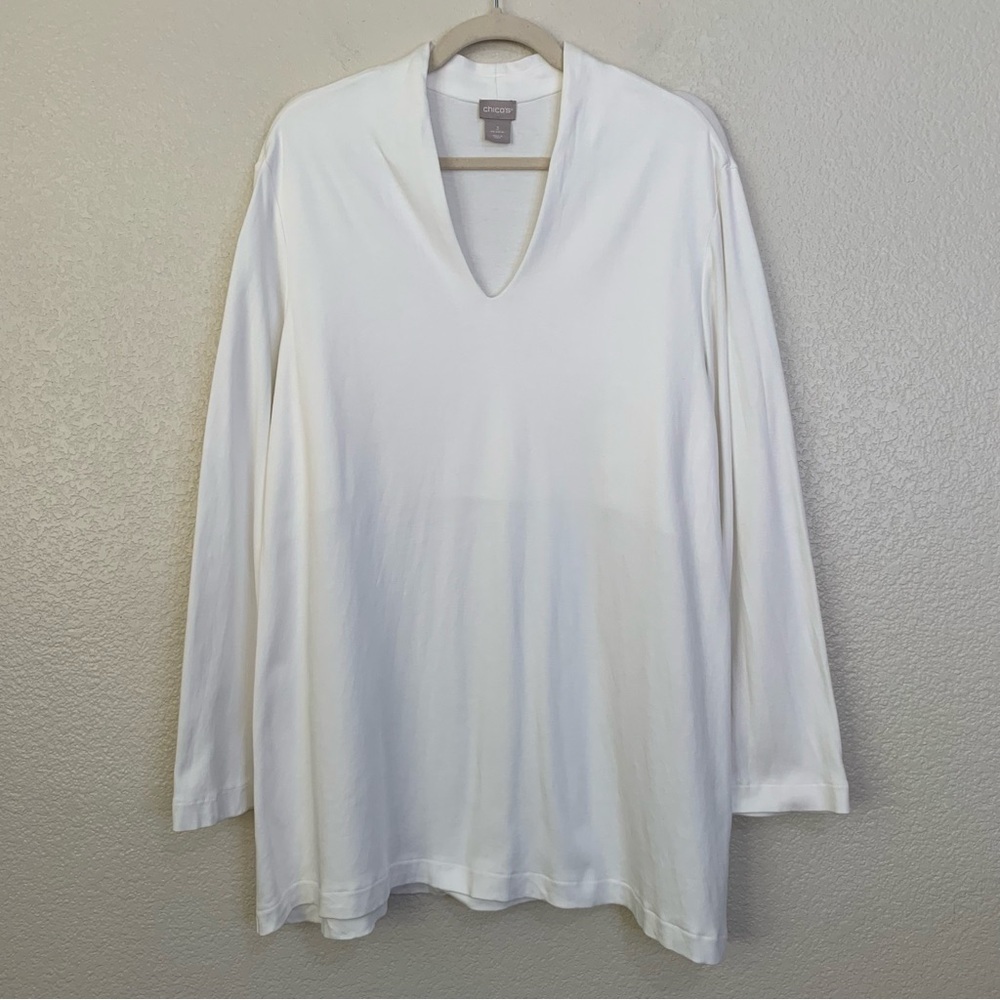 Chico's 100% Pima Cotton White V-neck Long Sleeves Tunic Top, Size XL
